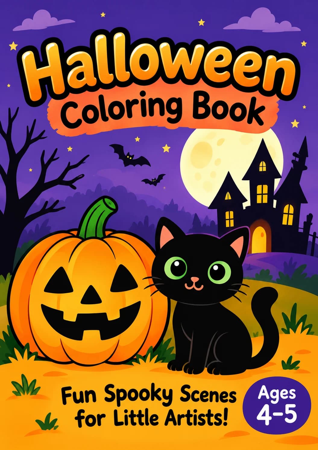 Cover of the Halloween Coloring Book, with a smiling jack-o'-lantern and a black cat under a full moon
