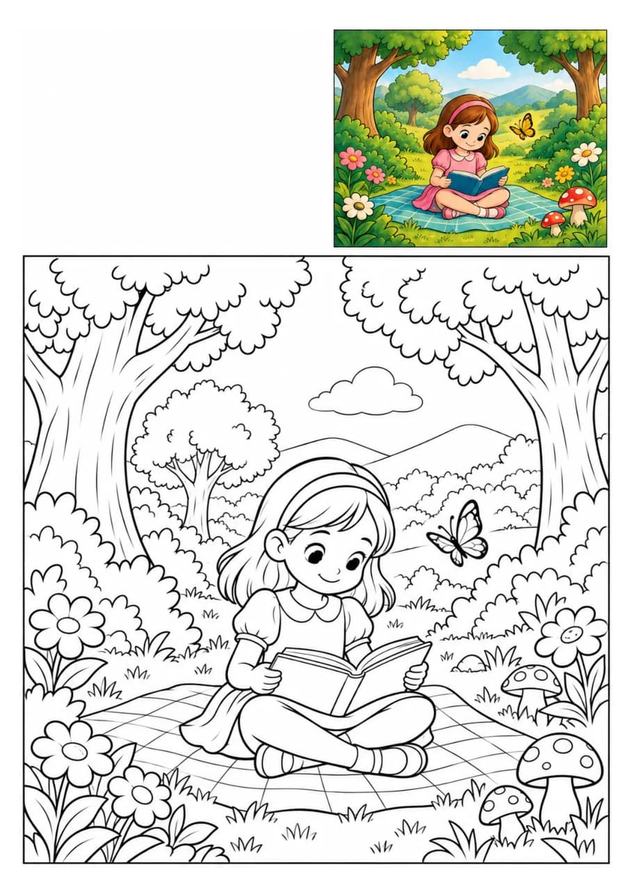 Girl Reading in the Forest coloring page